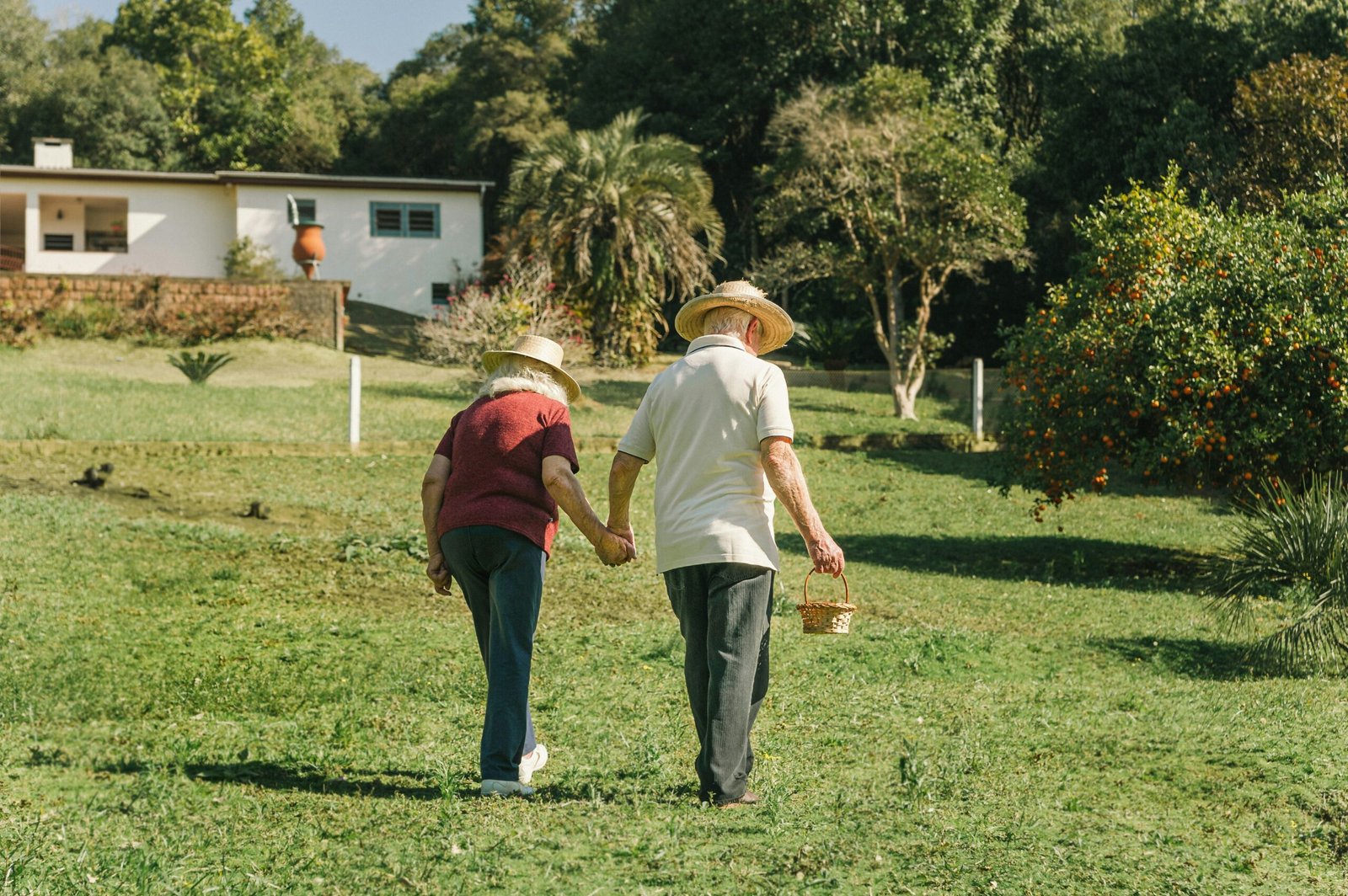 Two old people walking in retirement