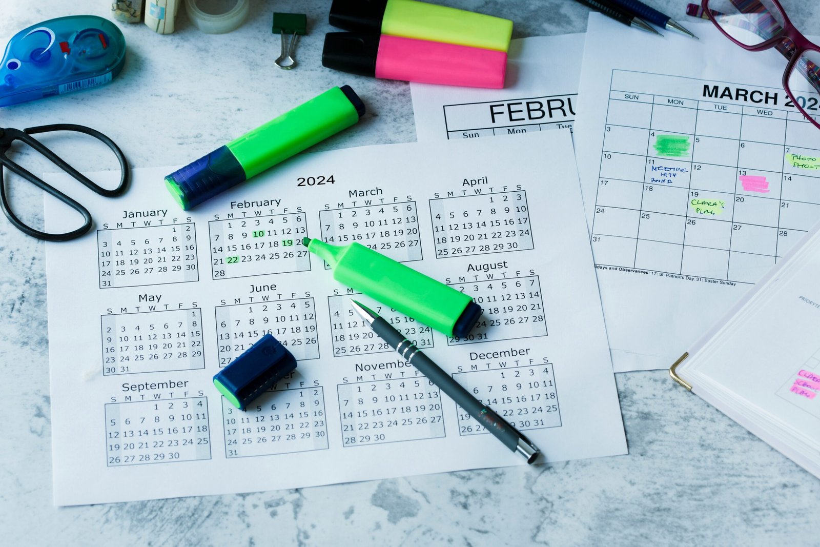 Calendar showing annual 